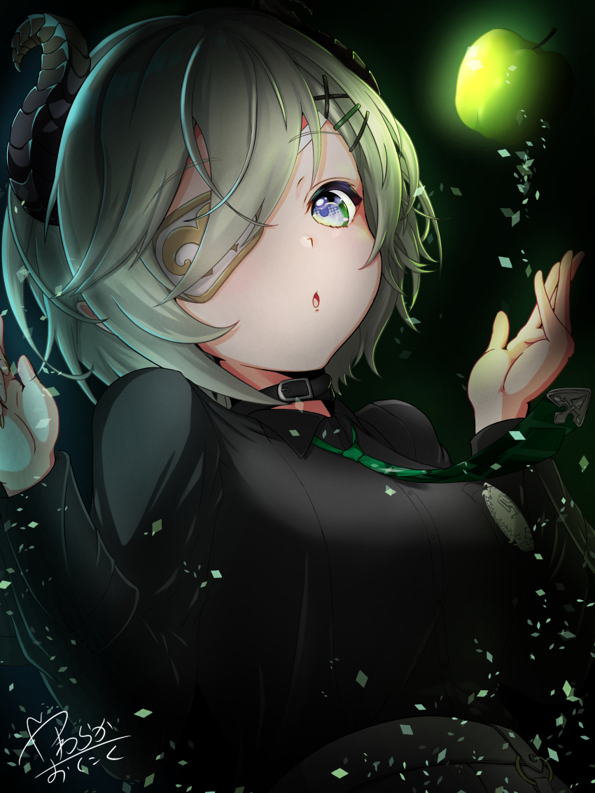 1girl absurdres apple birthday black_background black_shirt blue_eyes breasts brown_horns collared_shirt commentary_request curled_horns demon_girl demon_horns eyepatch food fruit green_apple green_hair green_necktie happy_birthday highres horns large_breasts looking_at_viewer nanashi_inc. necktie official_alternate_costume open_mouth sekishiro_mico sekishiro_mico_(9th_costume) shirt short_hair solo upper_body virtual_youtuber yawaraka_oniku_hatto