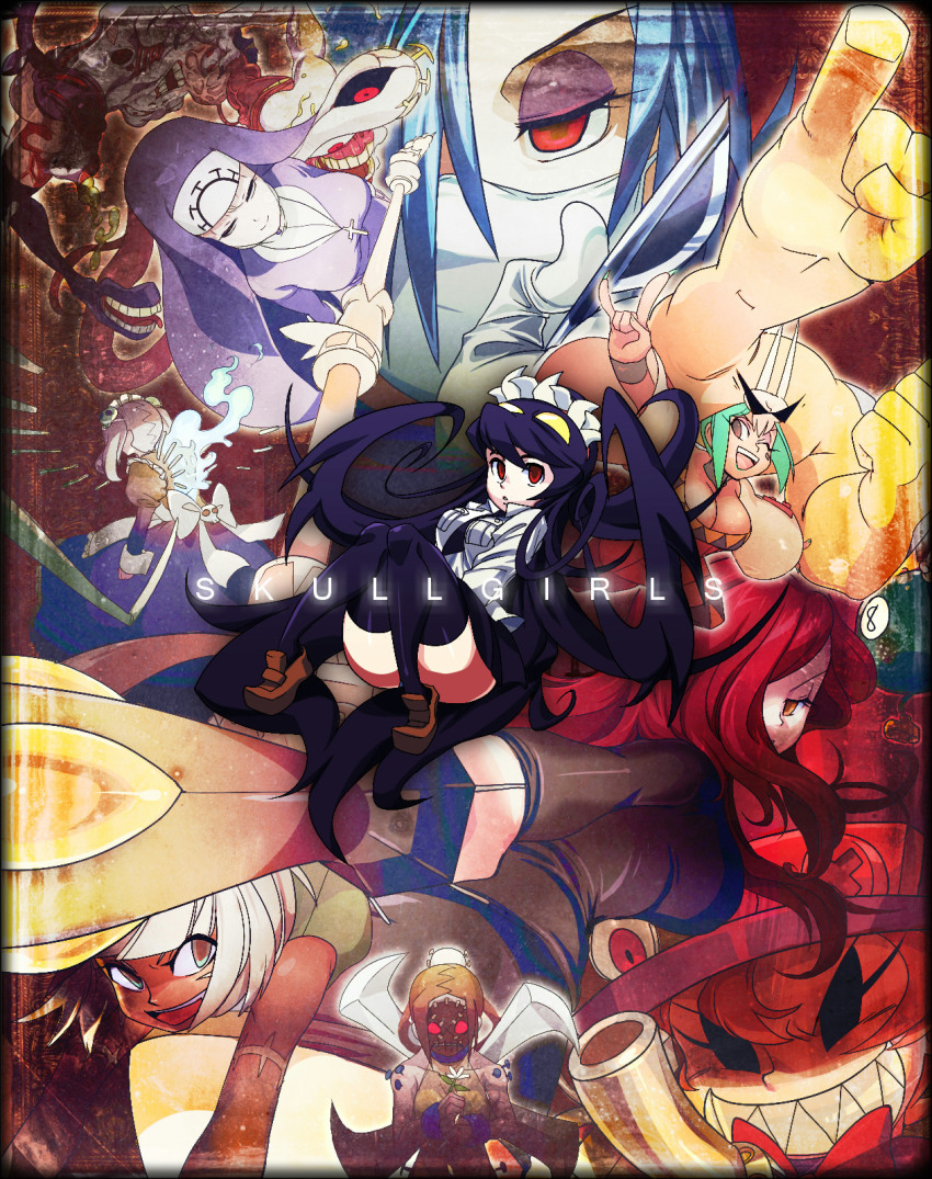 &gt;:d 6+girls :d apron aqua_hair aura bare_shoulders black_dress black_eyes black_hair black_legwear bloody_marie_(skullgirls) blue_hair boots breasts brown_eyes brown_hair cerebella_(skullgirls) cleavage closed_eyes collage cross cuffs dark-skinned_female dark_skin double_(skullgirls) dress english_text everyone evil_smile extra_mouth eyeshadow filia_(skullgirls) fire flower futakuchi-onna gem george_the_bomb gloves glowing glowing_eyes green_eyes green_hair grey_eyes grin gun hair_ornament hair_over_one_eye hat highres kamina_shades krieg_(skullgirls) large_breasts lipstick living_clothes long_hair m/ maid maid_apron maid_headdress makeup mask mechanical_arms midriff miniskirt monster mouth_mask ms._fortune_(skullgirls) multiple_girls nail_(hardware) nail_polish necktie ninja nun one_eye_closed open_mouth orange_hair painwheel_(skullgirls) parasoul_(skullgirls) peacock_(skullgirls) pinky_out pinwheel pleated_skirt prehensile_hair red_eyes red_hair ribbon samson_(skullgirls) scalpel scar school_uniform shackles sharp_teeth shoes skirt skull skull_hair_ornament skullgirls sleeveless smile sunglasses surgical_mask symbol-shaped_pupils teeth thighhighs top_hat twintails umbrella v-shaped_eyebrows valentine_(skullgirls) veins very_long_hair vice-versa_(skullgirls) weapon white_gloves white_hair wings wink yellow_eyes yojio_(2188)