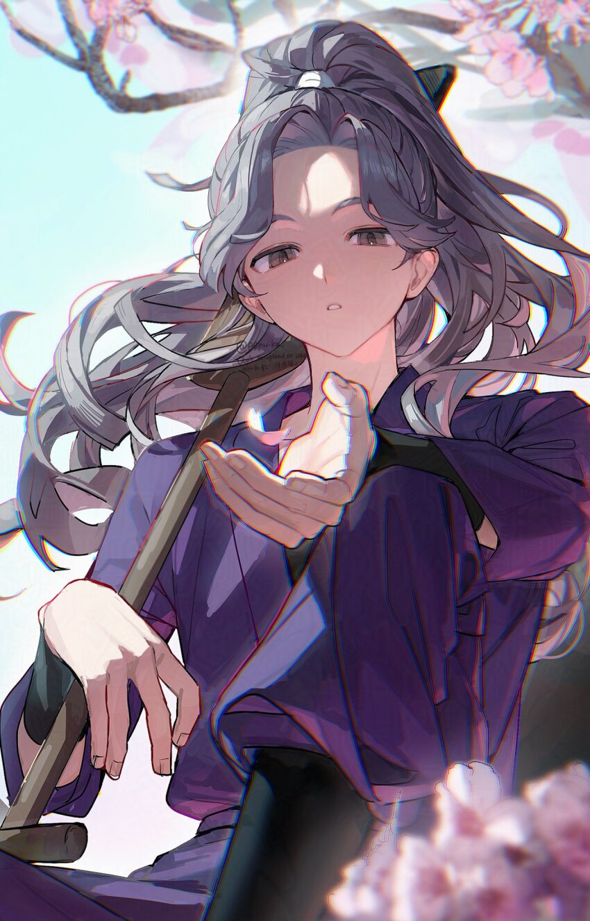 1boy abhuiko androgynous ayabe_kihachirou black_hair commentary highres holding japanese_clothes long_hair looking_at_viewer male_focus parted_lips ponytail rakudai_ninja_rantarou simple_background sitting solo teeth wristband