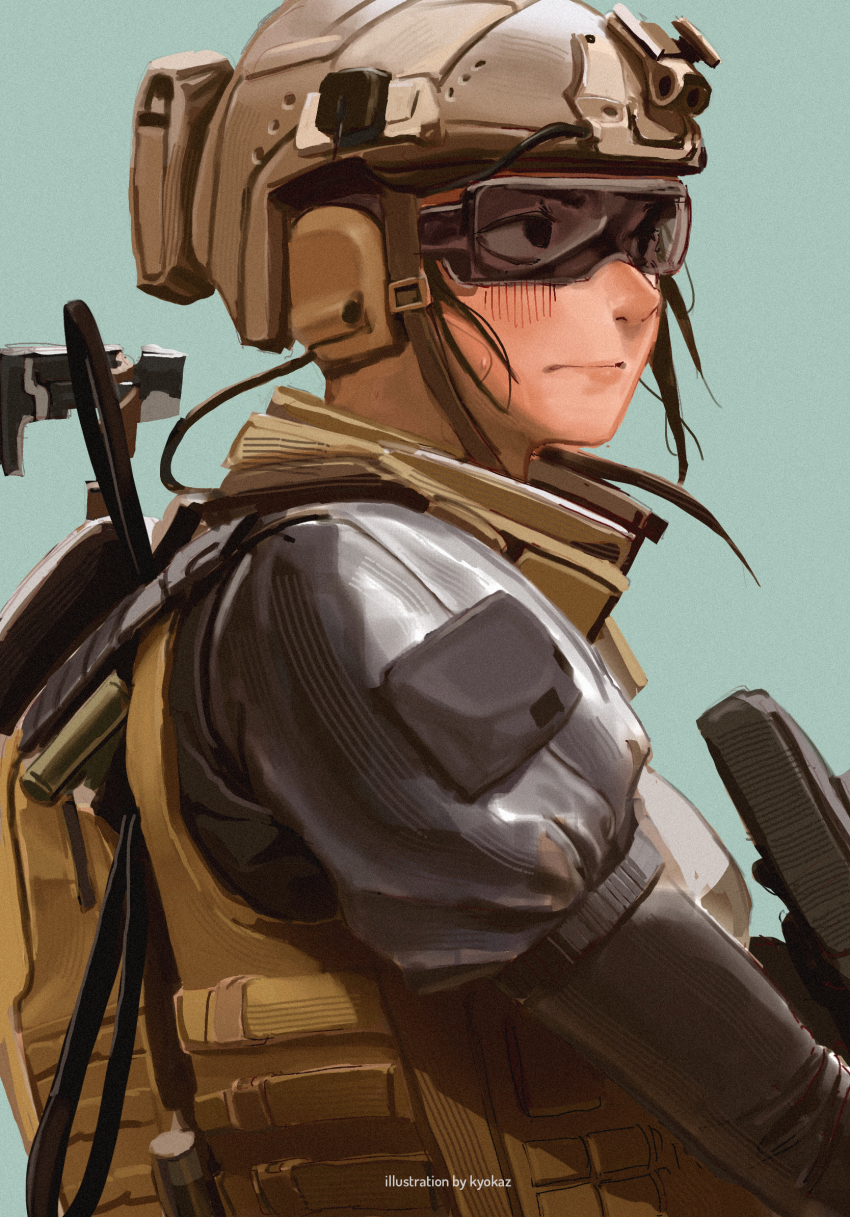 1girl black_shirt blue_background blush brown_headwear brown_vest closed_mouth commentary english_commentary faiz_azhar from_side goggles helmet highres holding holding_weapon load_bearing_vest original shirt simple_background solo sweat tactical_clothes upper_body vest weapon