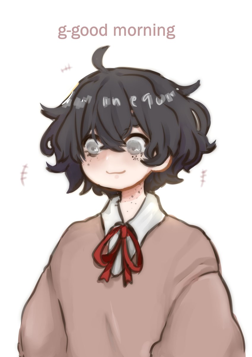 1girl :3 absurdres ahoge black_hair blind sophie_(popopoka) blush borrowed_character brown_sweater collared_shirt commentary english_commentary english_text freckles grey_eyes hair_between_eyes highres long_sleeves messy_hair neck_ribbon neqo_(neneneqo) original red_ribbon ribbon shirt simple_background solo sweater upper_body white_background