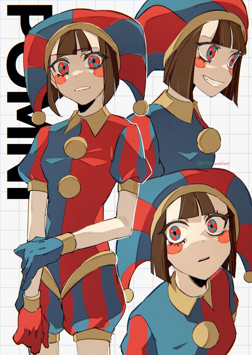 1girl asymmetrical_gloves blue_bodysuit blue_eyes blue_gloves blue_hat blunt_bangs blunt_ends blush_stickers bob_cut bodysuit brown_hair character_name chromatic_aberration clenched_teeth collared_bodysuit colored_skin commentary cowboy_shot english_commentary film_grain gloves grid_background grin hair_between_eyes hand_on_own_arm hat highres humanization jester jester_cap looking_at_viewer looking_to_the_side mismatched_gloves multicolored_eyes multiple_views parted_lips pomni_(the_amazing_digital_circus) puffy_short_sleeves puffy_sleeves purple_skin red_bodysuit red_eyes red_gloves red_hat short_hair short_sleeves simple_background smile sonokare standing striped_clothes striped_headwear teeth the_amazing_digital_circus twitter_username two-tone_bodysuit two-tone_eyes two-tone_headwear upper_body vertical-striped_bodysuit vertical-striped_clothes vertical-striped_headwear white_background