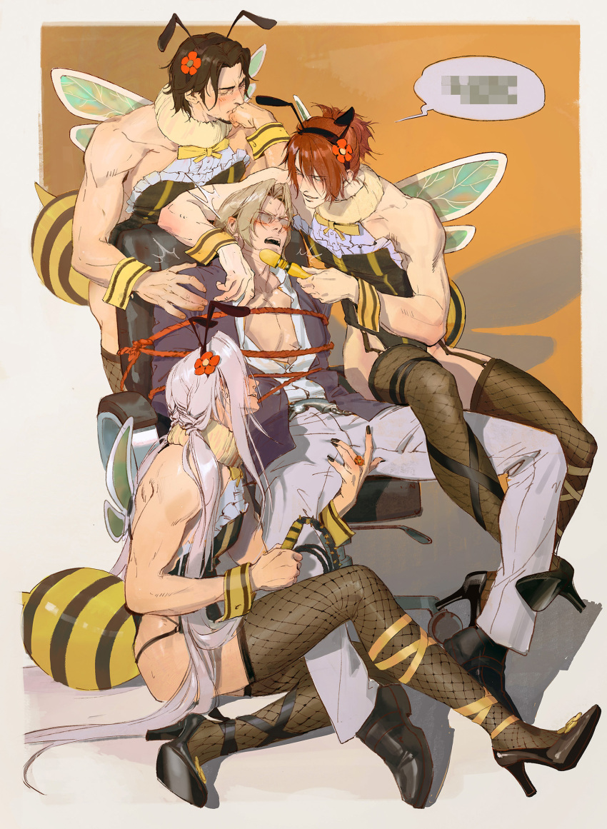 4boys absurdres angeal_hewley bare_shoulders beard bee_costume bee_wings black_hair black_leotard black_shoes black_thighhighs blonde_hair blush brown_hair censored collared_shirt crisis_core_final_fantasy_vii facial_hair fake_antennae final_fantasy final_fantasy_vii fishnet_thighhighs fishnets flower frilled_leotard frills full_body fur_collar genesis_rhapsodos glasses grey_hair grey_jacket grey_pants hair_flower hair_ornament high_heels highres insect_wings jacket lazard_deusericus leotard long_hair low_twintails luluzhang998873 male_focus medium_hair mosaic_censoring multiple_boys muscular muscular_male pants parted_bangs pumps restrained sephiroth sex_toy shirt shoes sitting smile sweatdrop swivel_chair thighhighs twintails vibrator white_shirt wings wrist_cuffs yaoi yellow_wrist_cuffs