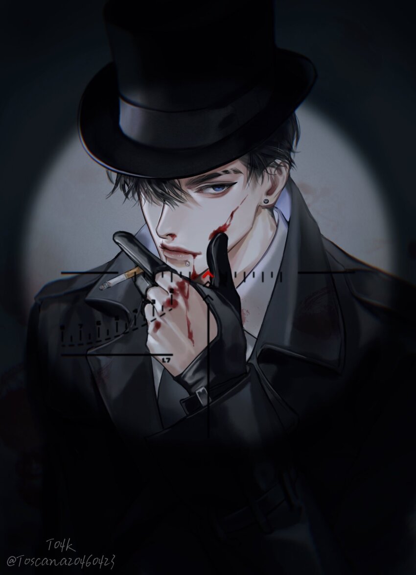 1boy artist_name black_coat black_gloves black_hair black_hat blood blood_on_clothes blood_on_face blood_on_hands blue_eyes cigarette coat cylinder earrings face_piercing glove_cutout gloves hair_over_one_eye hat highres holding holding_cigarette jewelry looking_at_viewer male_focus mouth_piercing original piercing scar scar_on_face scar_on_mouth scope shirt short_hair solo toscana20460423 tsurime twitter_username upper_body white_shirt