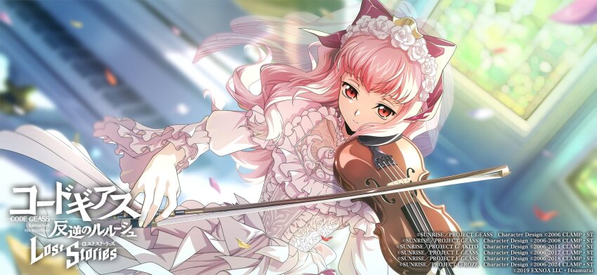 1girl anya_alstreim bow bow_\(music\) closed_mouth code_geass code_geass:_lost_stories dress flower frills hair_bow hair_flower hair_ornament highres holding holding_instrument instrument long_hair long_sleeves looking_at_viewer music petals pink_hair playing_instrument red_eyes rose smile solo veil violin white_dress white_flower white_rose