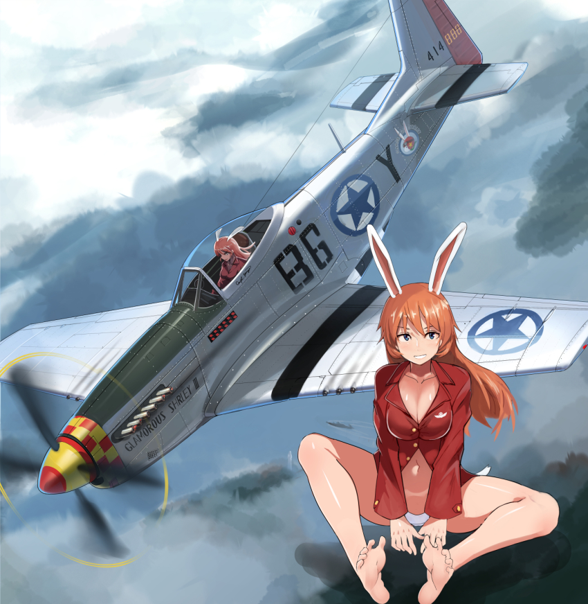 1girl 501st_joint_fighter_wing airplane animal_ears ayakumo barefoot blue_eyes breasts charlotte_e._yeager cleavage cloud cloudy_sky escort_fighter highres jacket large_breasts long_hair military_vehicle navel open_mouth orange_hair p-51_mustang panties personification propeller_fighter rabbit_ears rabbit_girl red_jacket sky soles spread_toes strike_witches toes underwear vehicle_and_personification vehicle_focus white_panties world_witches_series