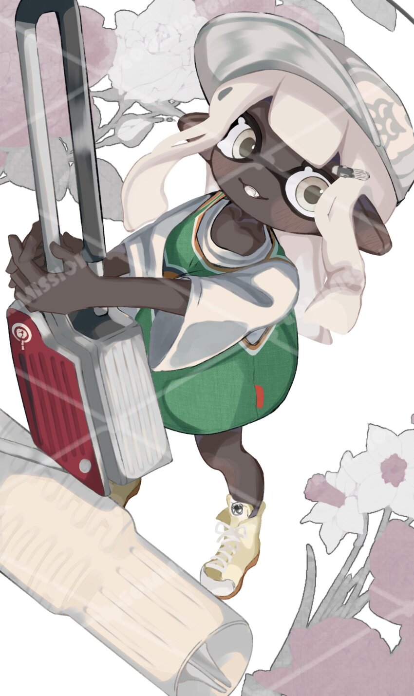 1girl baseball_cap commentary_request dark-skinned_female dark_skin flingza_roller_(splatoon) green_shirt hat highres holding holding_weapon inkling inkling_girl inkling_player_character long_hair mitokon1994 nintendo parted_lips pointy_ears shirt shoes smile solo splatoon_(series) splatoon_3 weapon white_background white_eyes white_hair white_hat yellow_shoes