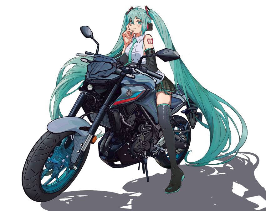 1girl absurdly_long_hair ahoge aqua_eyes aqua_hair aqua_necktie black_boots black_skirt black_sleeves blush boots breasts closed_mouth collared_shirt detached_sleeves grey_shirt hair_ornament hatsune_miku headphones highres jam_(jaaaaaaaamjam) kickstand light_smile long_hair looking_at_viewer medium_breasts miniskirt motor_vehicle motorcycle necktie number_tattoo on_motorcycle pleated_skirt shadow shirt shoulder_tattoo simple_background skirt sleeveless sleeveless_shirt solo tattoo thigh_boots twintails very_long_hair vocaloid white_background yamaha_mt-25
