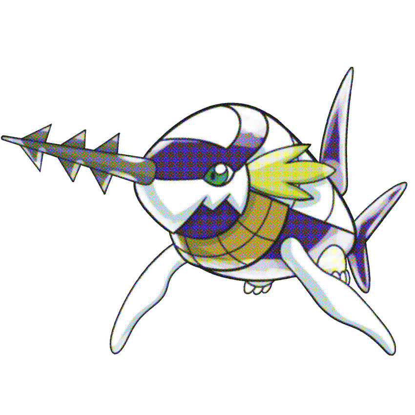 digimon digimon_(creature) digimon_adventure_02 green_eyes harpoon highres simple_background smile submarimon submarine tail watercraft white_background