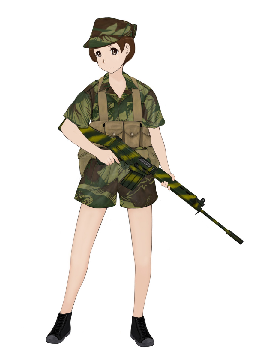 1girl battle_rifle female_focus fn_fal gun hat highres komii load_bearing_equipment military military_uniform rhodesian_light_infantry rifle simple_background soldier solo weapon
