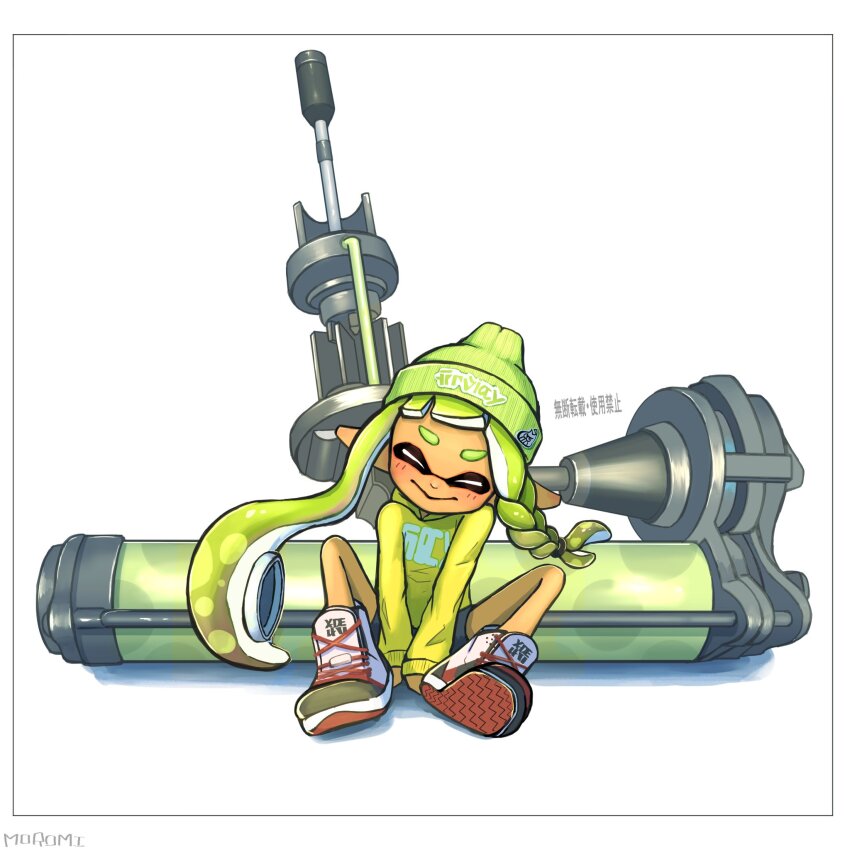 1girl artist_name beanie border braid closed_eyes closed_mouth commentary_request cross-laced_footwear dynamo_roller_(splatoon) full_body green_hair green_hat hat highres inkling inkling_girl inkling_player_character jacket long_hair long_sleeves moromi_(kscd4482) nintendo pointy_ears print_jacket shoes simple_background single_braid sitting sleeves_past_wrists smile solo splatoon_(series) splatoon_3 tentacle_hair thick_eyebrows translation_request very_long_hair white_background white_border yellow_jacket