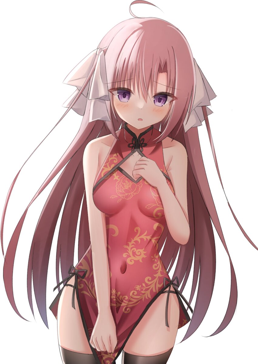 1girl absurdres ahoge alternate_costume backlighting bare_arms bare_shoulders black_thighhighs blush bow breasts china_dress chinese_clothes clenched_hand clip_studio_paint_(medium) collarbone covered_navel covering_crotch covering_privates cowboy_shot diamond_cutout dress embarrassed eyes_visible_through_hair hair_between_eyes hair_bow hand_up hashtag-only_commentary highres himawari_no_kyoukai_to_nagai_natsuyasumi long_hair looking_at_viewer making-of_available medium_breasts natsusaki_yomi open_mouth pelvic_curtain pink_hair purple_eyes red_dress simple_background sleeveless sleeveless_dress solo straight_hair takagi-18102817 thighhighs two_side_up very_long_hair white_background white_bow
