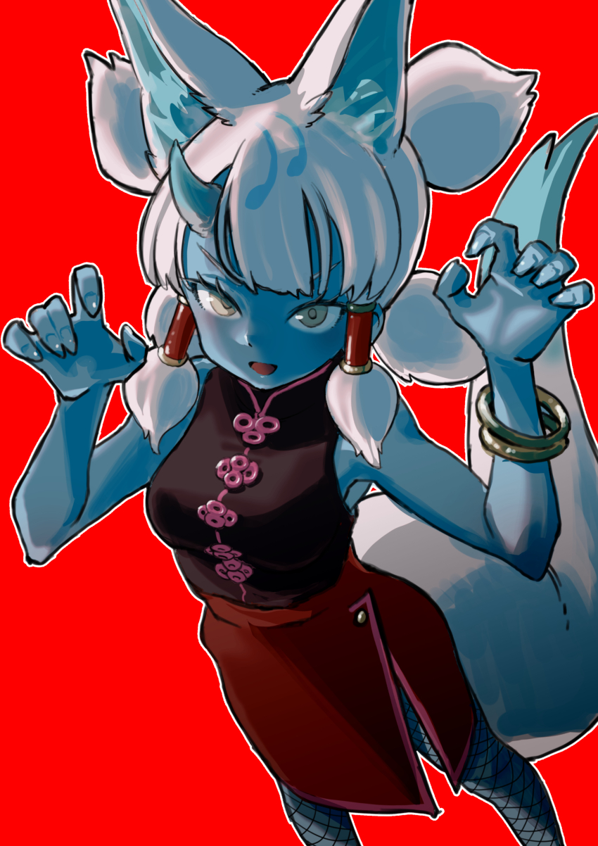 1girl absurdres animal_ears arairestaurant bare_shoulders black_shirt blue_skin blush bracelet casual chinese_clothes claw_pose colored_skin cowboy_shot fishnet_pantyhose fishnets fox_ears fox_girl fox_tail ginkaku_(kemono_friends) green_eyes hair_tubes highres horns jewelry kemono_friends kemono_friends_3 looking_at_viewer mandarin_collar official_alternate_costume open_mouth pantyhose pencil_skirt pink_trim quad_tails red_skirt shirt short_hair short_twintails sidelocks single_horn skirt sleeveless solo tail twintails white_hair