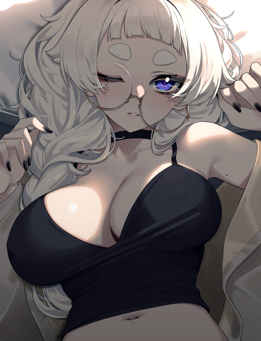 1girl black_camisole black_choker black_nails blue_eyes blush breasts camisole choker cleavage collarbone commentary fingernails glasses highres large_breasts lips long_hair looking_at_viewer lying meg_(wakamepiza) mole mole_on_arm mole_on_armpit nail_polish navel on_back on_bed one_eye_closed original round_eyewear short_bangs short_eyebrows solo symbol-only_commentary thick_eyebrows thick_eyelashes wakamepiza white_hair yellow-framed_eyewear