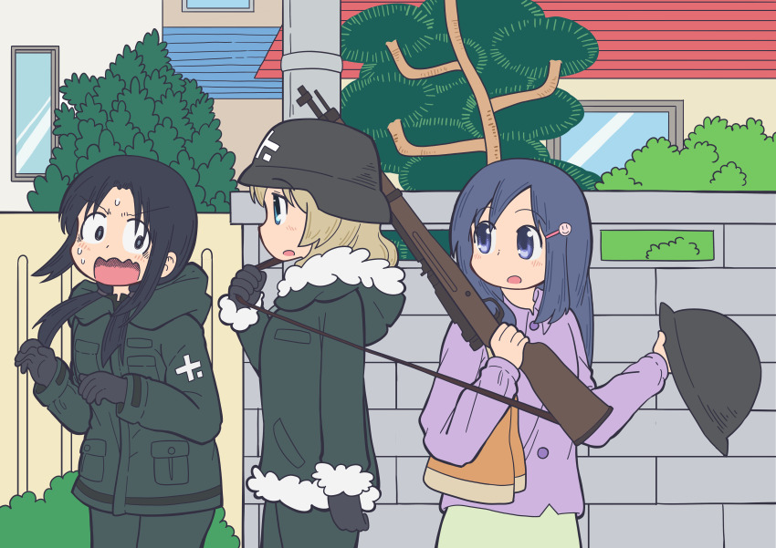 3girls absurdres arisaka black_eyes black_hair blonde_hair blue_eyes blush bolt_action brick_wall brodie_helmet chito_(shoujo_shuumatsu_ryokou) city_(arawi_keiichi) coat combat_helmet commentary cowboy_shot english_commentary fur_trim green_coat green_pants gun helmet highres holding holding_gun holding_weapon long_hair long_sleeves looking_at_another looking_to_the_side low_twintails military_uniform multiple_girls mushroomsucy naganohara_yoshino nichijou open_mouth outdoors pants purple_shirt rifle shirt shoujo_shuumatsu_ryokou stahlhelm theft twintails v-shaped_eyebrows weapon yuuri_(shoujo_shuumatsu_ryokou)