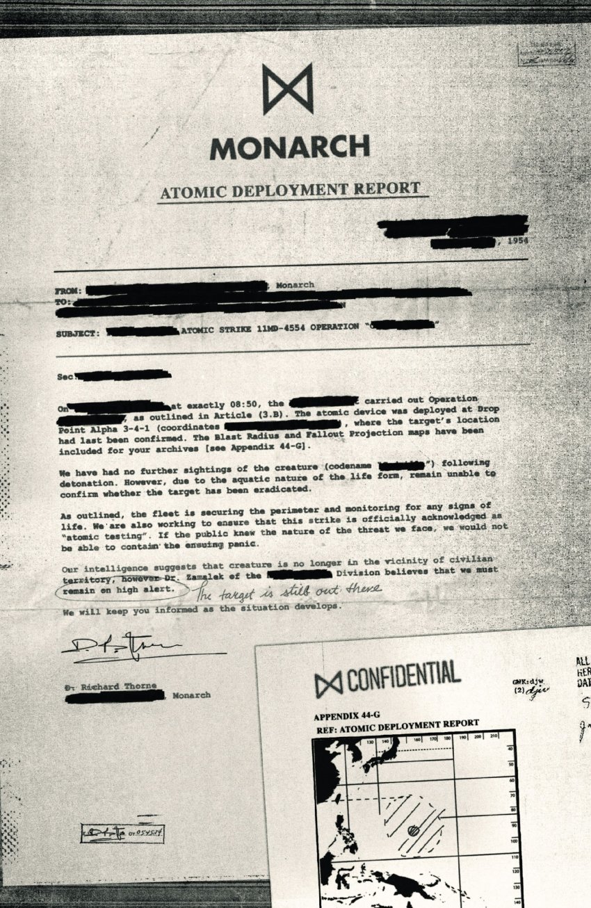absurdres censored conspiracy document godzilla:_awakening godzilla_(2014) godzilla_(series) highres island legendary_pictures letter map military monarch_(monsterverse) monsterverse no_humans ocean official_art paper promotional_art redacted report science stamp text_focus toho viral_marketing water writing