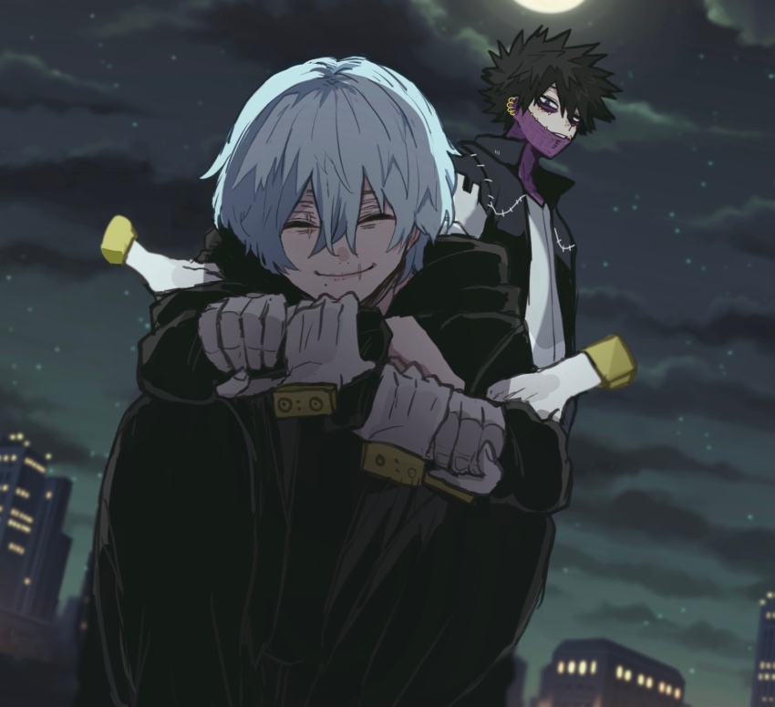 2boys ametaro_(ixxxzu) black_hair black_jacket black_pants blue_eyes boku_no_hero_academia building burn_scar cheek_piercing city closed_eyes closed_mouth dabi_(boku_no_hero_academia) disembodied_hand face_piercing grey_hair highres hood hooded_jacket jacket male_focus moon multiple_boys multiple_scars night night_sky outdoors pants piercing scar scar_on_face shigaraki_tomura short_hair sky spiked_hair squatting staple stapled wrinkled_skin
