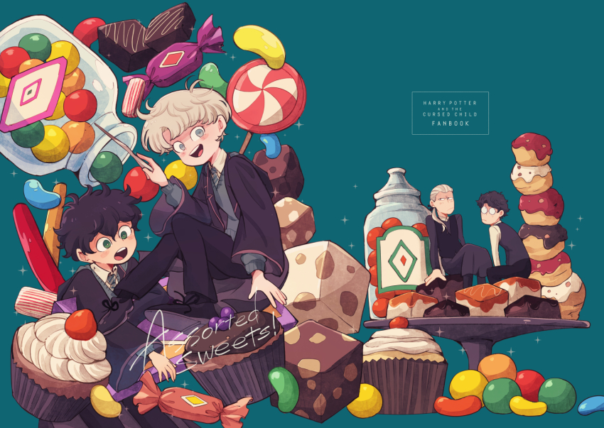 4boys aged_up albus_severus_potter amazou black_hair black_robe blonde_hair blue_eyes candy chocolate cupcake draco_malfoy father_and_son food glasses green_eyes harry_potter harry_potter_(series) harry_potter_and_the_cursed_child hogwarts_school_uniform holding holding_wand jar jelly_bean long_hair multiple_boys necktie ponytail robe scar scar_on_face scar_on_forehead school_uniform scorpius_malfoy short_hair slytherin smile striped_neckwear sweets vest wand wizarding_world