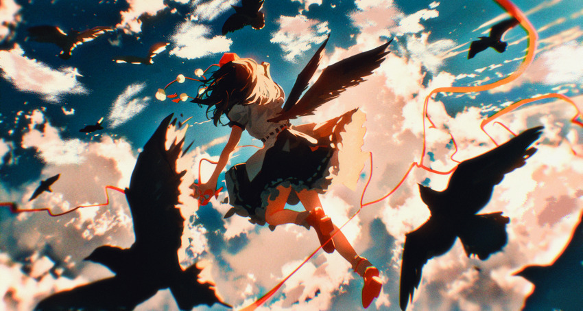 1girl absurdres bird bird_wings black_hair black_skirt black_wings blue_sky blurry cloud commentary crow day english_commentary flying frilled_skirt frills geta hat highres medium_hair outdoors pom_pom_(clothes) puffy_short_sleeves puffy_sleeves red_hat shameimaru_aya shirt short_sleeves skirt sky solo tengu-geta tokin_hat touhou white_shirt wings xiirus