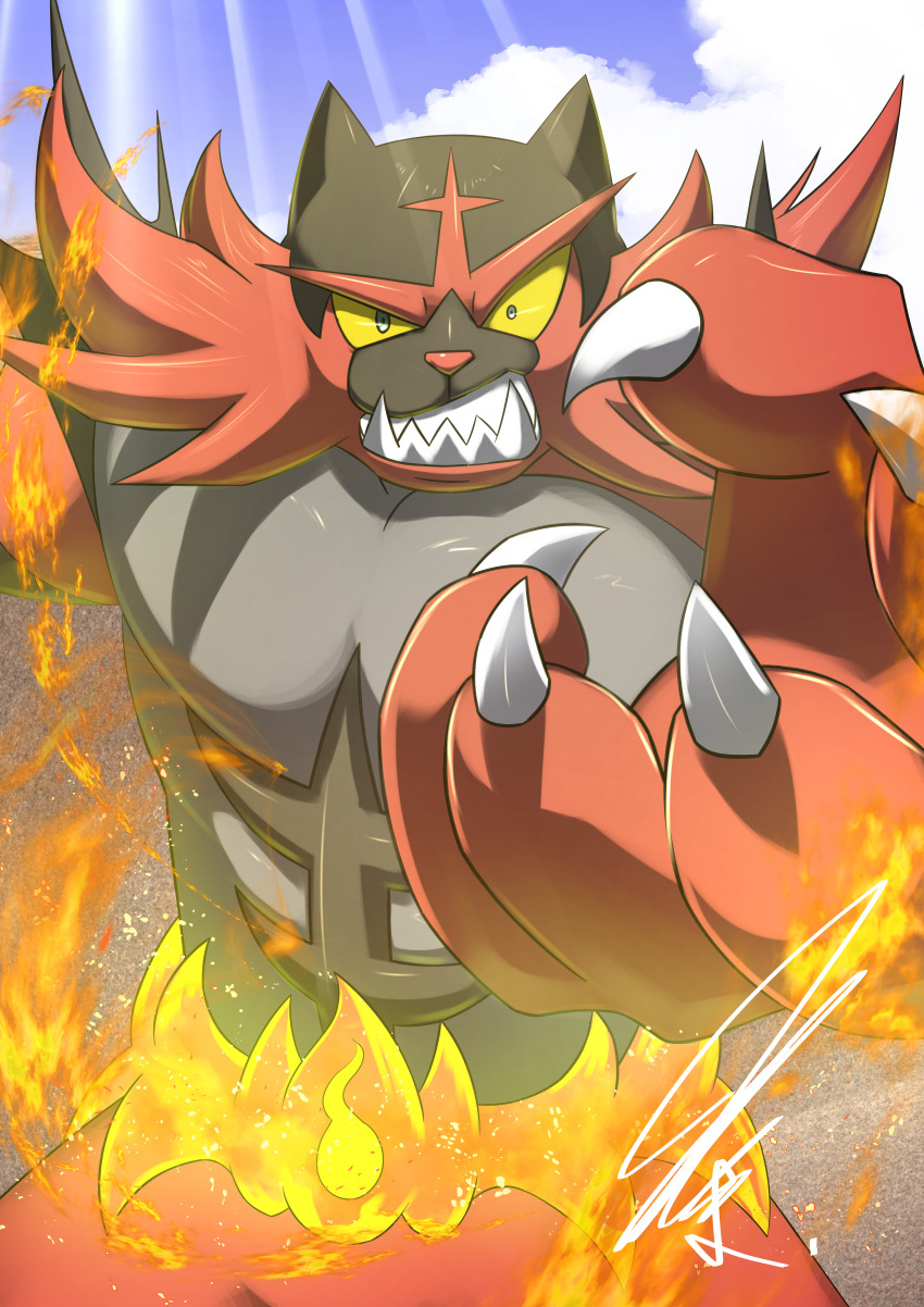1boy abs absurdres angry animal_ears blue_sky cat_ears claws clenched_teeth cloud colored_sclera constricted_pupils fang fire game_freak gen_7_pokemon grey_eyes grey_fur highres incineroar light_rays looking_at_viewer mitsukuma448 muscular muscular_male nintendo no_humans outdoors pokemon pokemon_(creature) red_fur red_nose sharp_teeth signature sky solo sparks teeth upper_body yellow_sclera