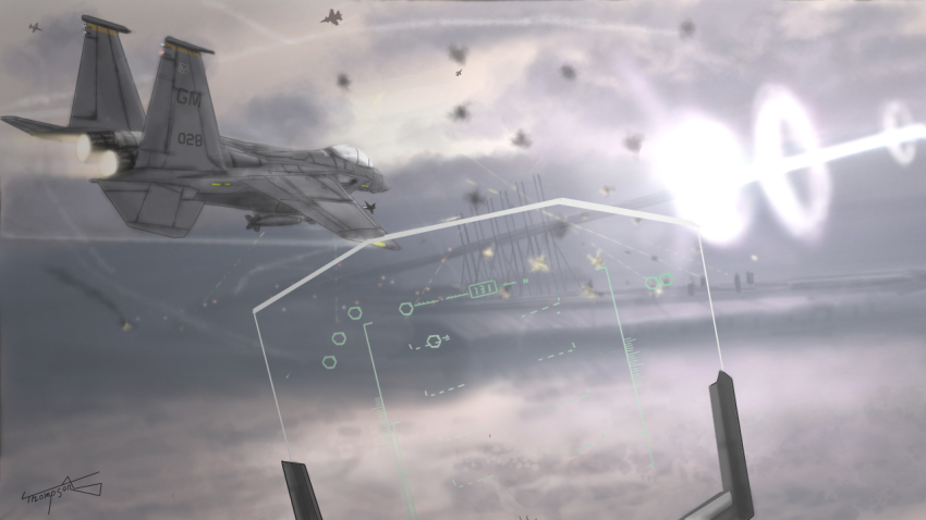 ace_combat ace_combat_6 artist_name bandai_namco cloud cockpit contrail explosion f-15 f-15_eagle firing flying fog gun heads-up_display namco no_humans pov ring_of_fire rocket thompson_(solowingfh) user_interface weapon