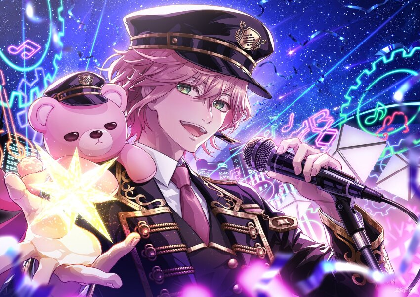 1boy :d animal animal_on_shoulder beckoning black_hat black_jacket black_pants black_vest building buttons cape clothed_animal collared_shirt commentary_request confetti double-breasted earrings fingernails gold_trim green_eyes hair_between_eyes hat highres holding holding_microphone holding_star holostars holostars_idol_uniform_(2nd_act) idol_clothes jacket jewelry lapels long_sleeves looking_at_viewer male_focus medal microphone microphone_stand necktie neon_lights notched_lapels noyaariho official_alternate_costume open_mouth pants peaked_cap pink_cape pink_hair pink_necktie rikka_(holostars) shirt short_hair single_earring sky skyscraper smile solo spanner_(holostars) star_(sky) star_(symbol) starry_sky stellated_octahedron stuffed_animal stuffed_toy teddy_bear upper_body vest virtual_youtuber white_shirt