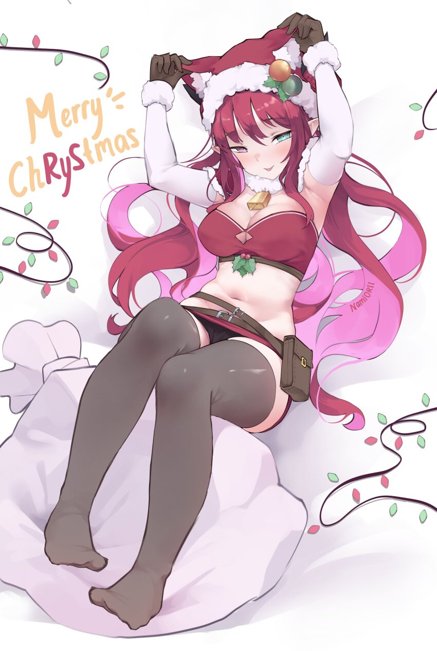1girl absurdres animal_ear_headwear animal_ears armpits bag bandeau bell belt belt_pouch black_gloves black_panties blue_eyes breasts bustier capelet choker christmas_lights cleavage colored_inner_hair commentary english_commentary english_text fake_animal_ears feet fur_choker fur_trim gloves grey_thighhighs hands_on_headwear hat hat_ornament heterochromia highres holly holly_hat_ornament hololive hololive_english horns horns_through_headwear irys_(hololive) knees_up large_breasts lying miniskirt multicolored_hair namiorii navel neck_bell on_back panties pantyshot pink_hair pointy_ears pouch purple_eyes red_bustier red_capelet red_hair red_skirt santa_hat signature simple_background skirt smile strapless thighhighs tongue tongue_out tube_top underwear virtual_youtuber white_arm_warmers white_background white_choker