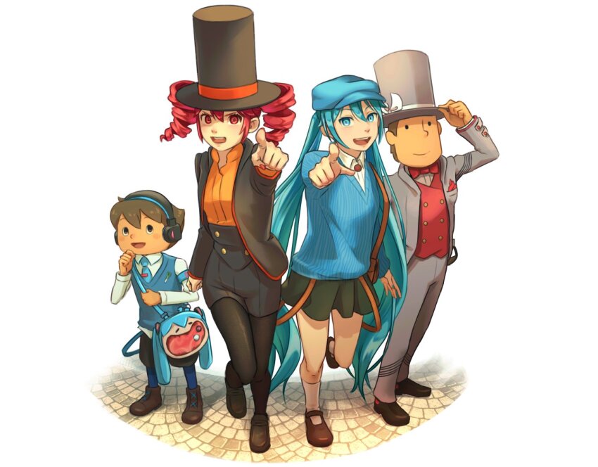 2boys 2girls alternate_costume armband bag black_eyes black_footwear black_pantyhose black_shorts blue_armband blue_eyes blue_socks blue_sweater bow bowtie brown_hair buttons character_bag closed_mouth collared_shirt cosplay double-breasted double-parted_bangs drill_hair fingernails flat_chest formal_clothes grey_jacket grey_pants hair_between_eyes hand_on_headwear hat hat_ribbon hatsune_miku headphones hershel_layton hershel_layton_(cosplay) iriknight jacket kasane_teto long_hair long_sleeves looking_at_viewer luke_triton luke_triton_(cosplay) mary_janes mob_cap multiple_boys multiple_girls nail_polish open_clothes open_jacket open_mouth orange_ribbon orange_shirt pants pantyhose pleated_skirt pointing pointing_at_viewer professor_layton red_bow red_bowtie red_hair red_jacket red_nails red_trim ribbon shirt shoes shorts shoulder_bag skirt skirt_set three-quarter_sleeves smile socks standing suit suit_jacket sweater teeth top_hat twin_drills twintails upper_teeth_only utau very_long_hair vocaloid white_ribbon white_socks wing_collar