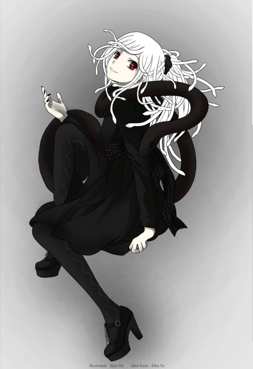 1girl bad_id bad_pixiv_id black_dress dress snake_hair high_heels highres koimonogatari living_hair long_hair monogatari_(series) pantyhose ponytail red_eyes sengoku_nadeko shoes siya_ho snake_hair white_hair