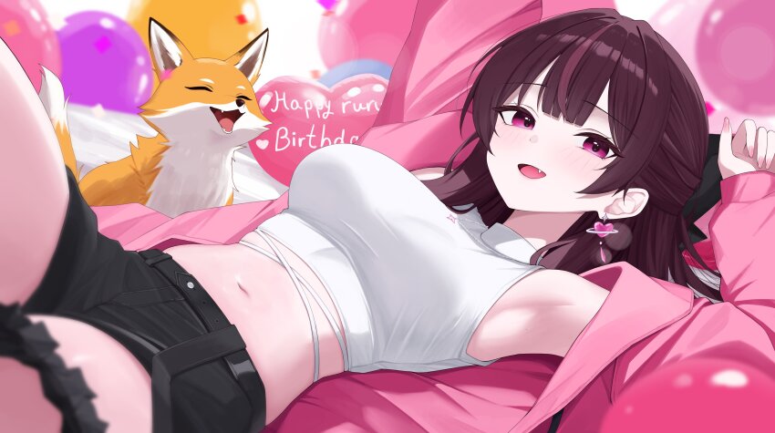 1girl absurdres animal arm_up armpits balloon bare_shoulders black_shorts blurry bow breasts crop_top depth_of_field earrings fang fox hair_bow half_updo happy_birthday hashtag-only_commentary highres jacket jewelry jururu long_hair long_sleeves looking_at_viewer lying medium_breasts midriff multicolored_hair navel off_shoulder on_back open_clothes open_jacket open_mouth pink_jacket purple_eyes purple_hair sei_(0724sei6) shirt short_shorts shorts sleeveless sleeveless_shirt smile solo stomach streaked_hair taut_clothes taut_shirt thighs virtual_youtuber waktaverse white_shirt