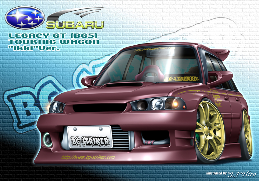 artist_name brick_wall brown_car car highres hiro_evolve license_plate motor_vehicle no_humans original shadow spoiler_(automobile) subaru_(brand) subaru_legacy vehicle_focus watermark web_address