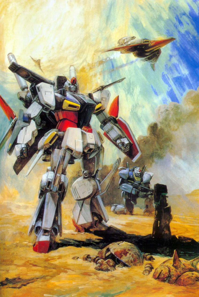 desert gun gundam gundam_mk_ii gundam_zz highres mecha no_humans official_art robot rust sand smoke takani_yoshiyuki weapon zaku zaku_ii zeta_gundam_(mobile_suit) zz_gundam