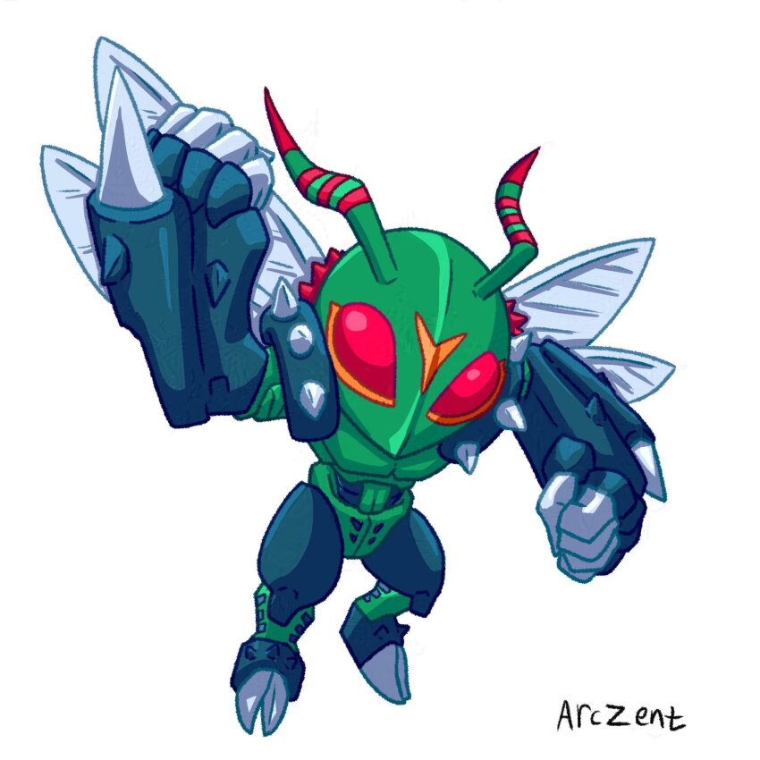 arczent bug chibi digimon digimon_(creature) full_body highres insect_wings red_eyes shoulder_spikes simple_background solo spikes stingmon white_background wings
