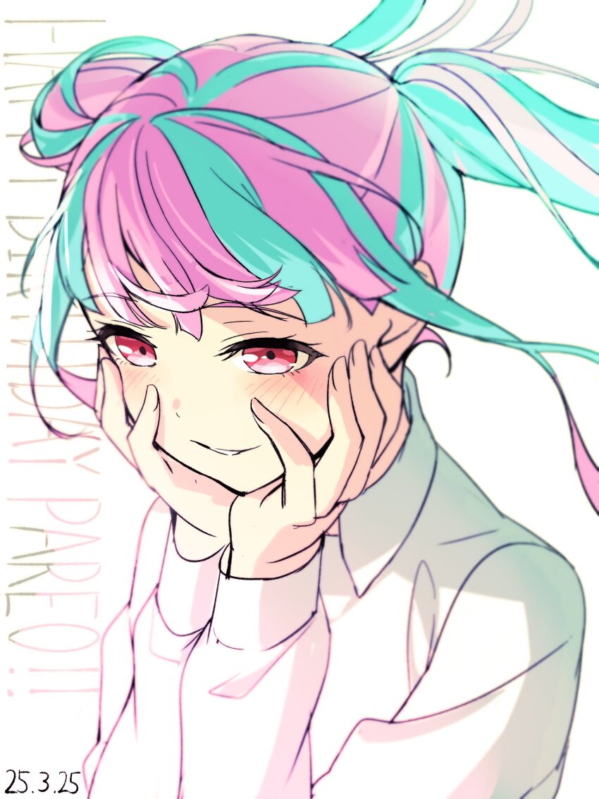 1girl absurdres aqua_hair bang_dream! character_name dated hair_bun hand_on_own_cheek hand_on_own_face happy_birthday highres long_hair multicolored_hair nobusawa_osamu nyubara_reona open_mouth pink_hair red_eyes simple_background solo twintails two-tone_hair upper_body white_background