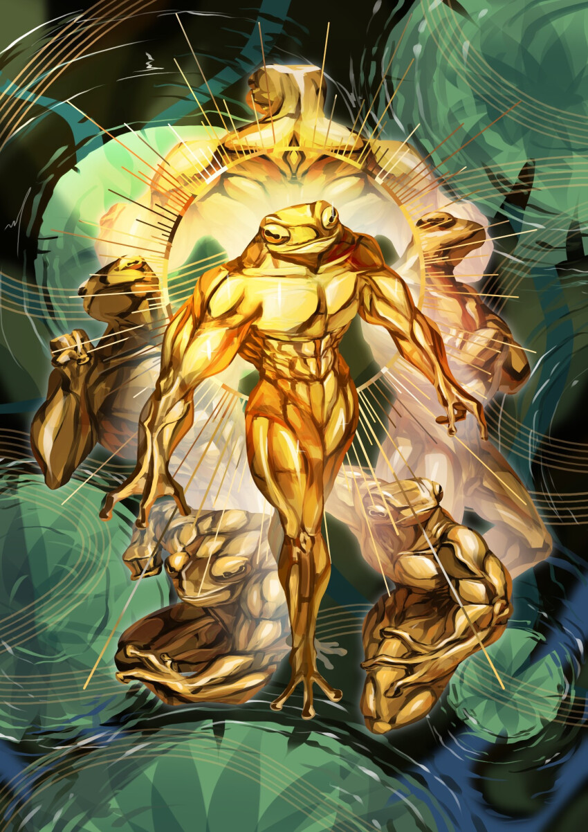 6+others animal_head back_muscles crossed_arms frog frog_boy gold_skin highres horizontal_pupils jojo_pose lily_pad looking_at_viewer meme multiple_others muscular muscular_other najashi original pointing shredded_muscles water
