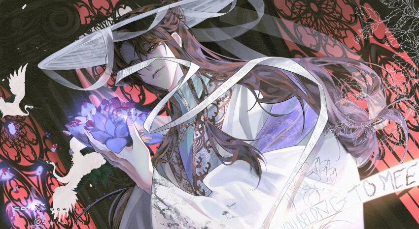 1boy artist_name bird blood blood_on_flower brown_eyes brown_hair chinese_clothes closed_mouth commentary crane_(animal) english_text erha_he_ta_de_bai_mao_shizun flower glint hair_bun hanfu hat highres holding holding_flower long_hair long_sleeves looking_at_viewer male_focus pillar purple_flower qwijjy ribbon shi_mei smile solo spoilers symbol-only_commentary white_hanfu white_hat white_ribbon wide_sleeves