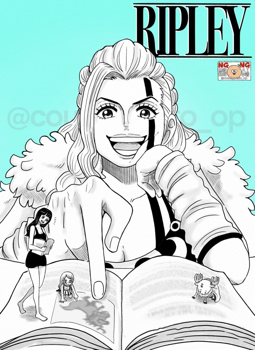 1boy 3girls aqua_background blue_background blunt_bangs book character_name child commentary_request couchpotato_op facial_mark giant giantess head_rest highres holding holding_book jewelry_bonney long_hair multiple_girls nico_robin nico_robin_(elbaf) notice_lines one_piece open_mouth reading ripley_(one_piece) simple_background single_sidelock smile tony_tony_chopper twitter_username