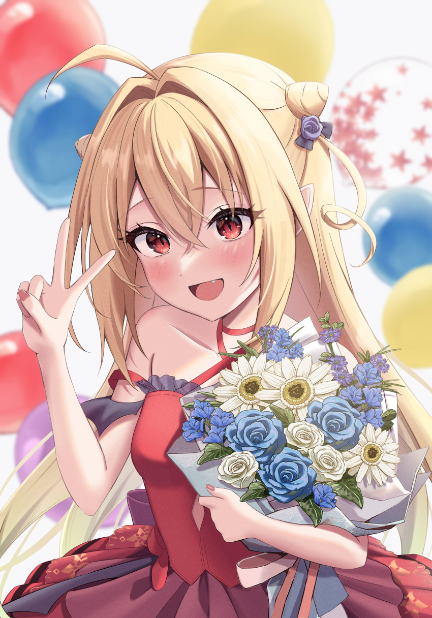 1girl 2025 :d absurdres ahoge alternate_costume backlighting balloon bare_shoulders birthday black_bow blonde_hair blue_flower blue_rose blurry blurry_background blush bouquet bow breasts choker collarbone commentary cone_hair_bun cowboy_shot criss-cross_halter crossed_bangs dated_commentary double_bun dress eyelashes fang flower formal_clothes frilled_dress frills hair_between_eyes hair_bow hair_bun hair_flower hair_intakes hair_ornament halterneck hand_up happy happy_birthday highres hikikomari_kyuuketsuki_no_monmon holding holding_bouquet leaf long_hair looking_at_viewer miyuki_kotori nail_polish open_mouth pointy_ears red_choker red_dress red_eyes red_nails rose simple_background sleeveless sleeveless_dress slit_pupils small_breasts smile solo straight_hair terakomari_gandezblood two_side_up v very_long_hair white_background white_flower