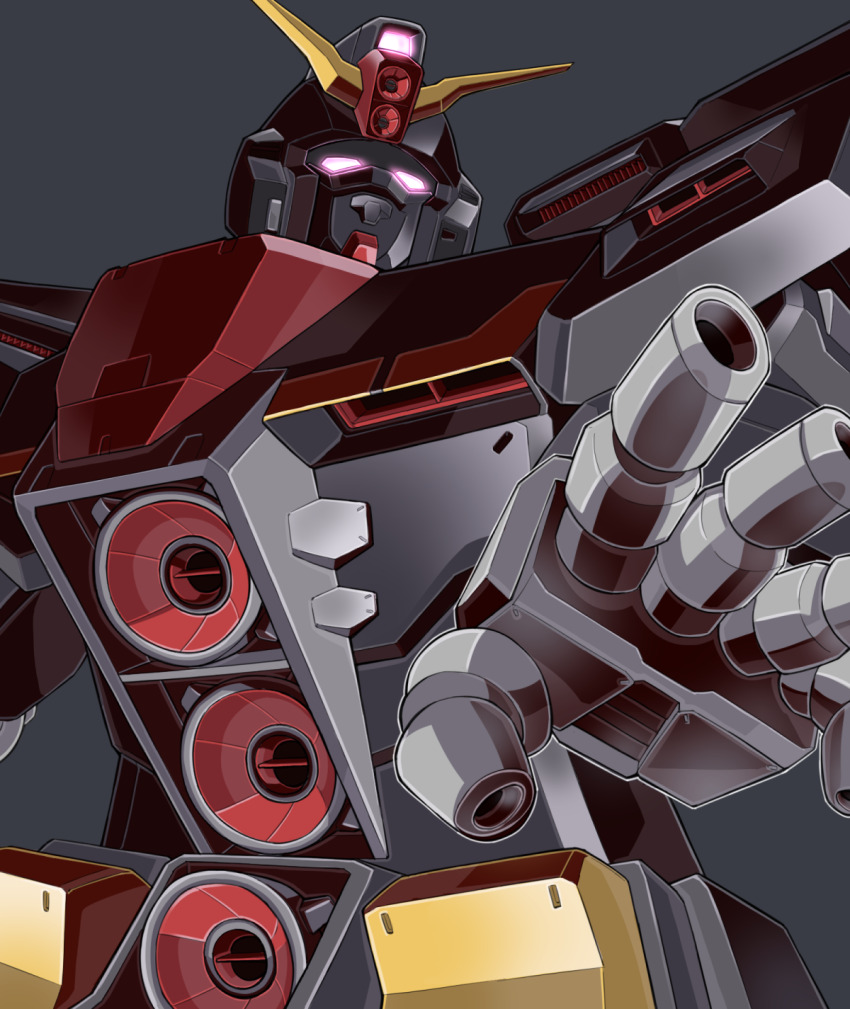 beam_cannon chest_cannon commentary_request daigosan_(k66daigensui) energy_gun finger_cannon glowing glowing_eyes grey_background gundam highres machinery mecha mecha_focus mobile_suit no_humans psycho_gundam purple_eyes robot science_fiction titans_(gundam) upper_body v-fin weapon zeta_gundam