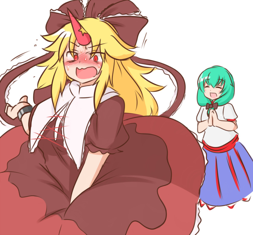 2girls :d blonde_hair blue_skirt bow brown_bow brown_dress brown_ribbon closed_eyes cosplay costume_switch cropped_legs cuffs dress frilled_ribbon frills front_ponytail green_hair hair_bow hair_ribbon horns hoshiguma_yuugi hoshiguma_yuugi_(cosplay) kagiyama_hina kagiyama_hina_(cosplay) long_hair looking_at_another mizusoba multiple_girls oni_horns open_mouth red_eyes ribbon shackles shirt short_sleeves simple_background single_horn skirt smile sweat touhou v-shaped_eyebrows white_background white_shirt