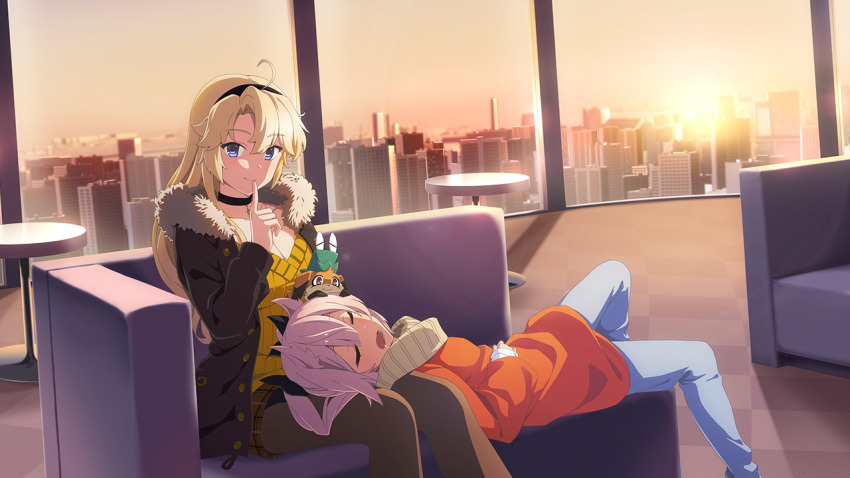 2girls ahoge black_choker black_hairband blonde_hair blue_eyes blue_pants breasts brown_coat brown_pantyhose brown_skirt choker cleavage closed_eyes closed_mouth coat couch finger_to_mouth fur-trimmed_coat fur_trim game_cg hair_between_eyes hair_horns hairband hood hoodie indoors jacket kohagura_ellen lap_pillow large_breasts long_hair long_sleeves looking_at_viewer mashiko_kaoru multiple_girls nene_(toji_no_miko) official_art on_couch open_clothes open_coat open_mouth orange_hoodie orange_sweater pants pantyhose pink_hair plaid_clothes plaid_skirt ribbed_sweater saliva shushing sitting skirt skyline sleeping smile sweater swept_bangs toji_no_miko toji_no_miko:_kizamishi_issen_no_tomoshibi twintails