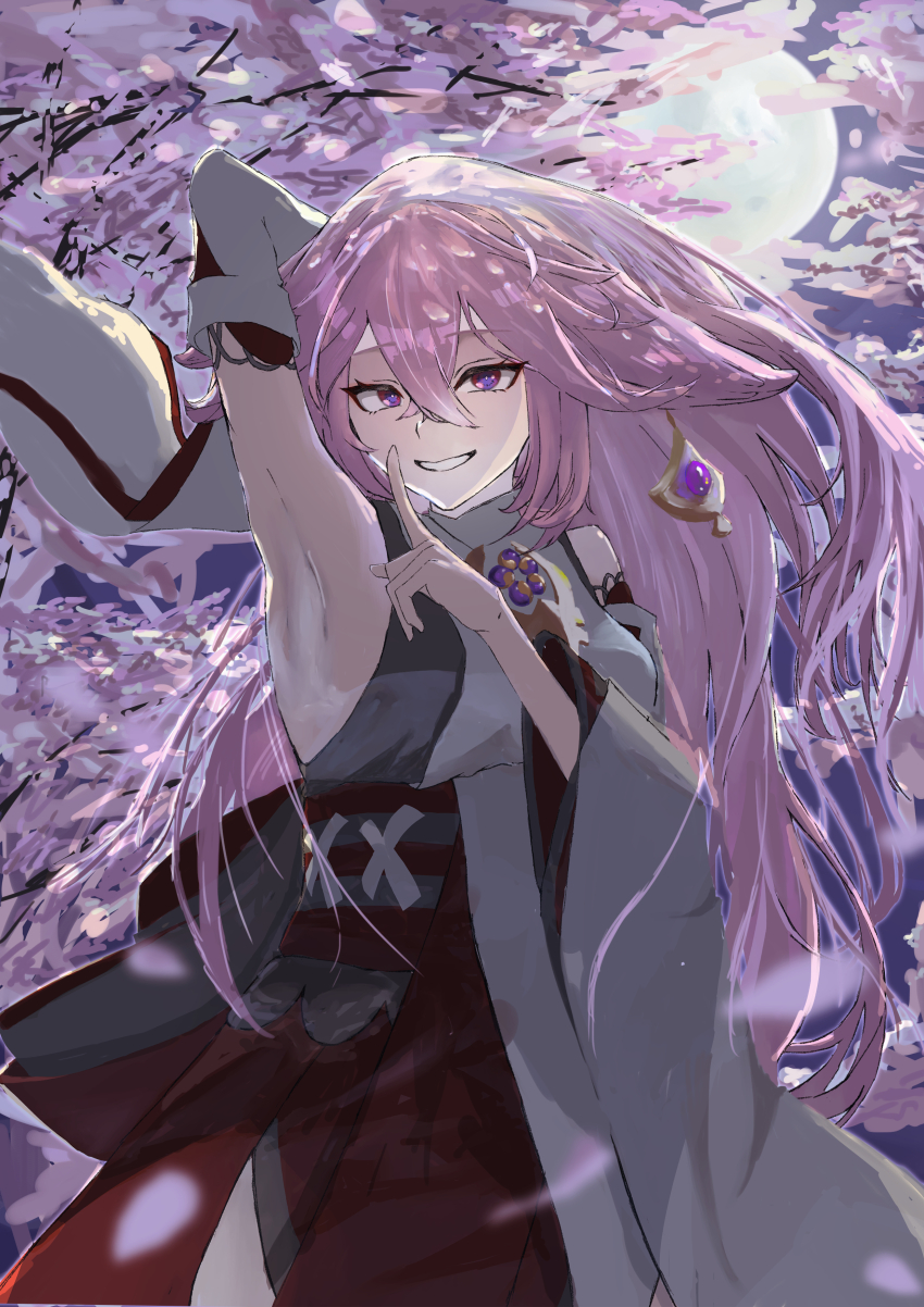 absurdres animal_ears arm_above_head armpit_focus armpits artist_request backless_outfit bare_shoulders breasts cherry_blossoms detached_sleeves earrings eyelashes finger_to_mouth fingernails floppy_ears fox_ears full_moon genshin_impact hair_between_eyes hair_flaps highres index_finger_raised japanese_clothes jewelry large_breasts long_hair looking_at_viewer moon necklace no_bra no_headwear nontraditional_miko outdoors outstretched_arm parted_lips pendant pink_hair purple_eyes seductive_smile shushing sidelocks single_earring smile smug standing thigh_peek thighs very_long_hair vision_(genshin_impact) wide_sleeves yae_miko