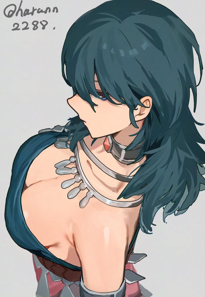 1girl alternate_costume ancient_greek_clothes armlet blue_eyes blue_hair breasts choker_jewel cleavage collarbone dancer dancer_(fire_emblem:_three_houses) dress female_byleth_(fire_emblem) fire_emblem fire_emblem:_three_houses from_above gem greco-roman_clothes hair_between_eyes haru_(nakajou-28) highres jewelry large_breasts long_hair medium_hair nintendo red_gemstone simple_background single-shoulder_dress single_bare_shoulder single_strap solo