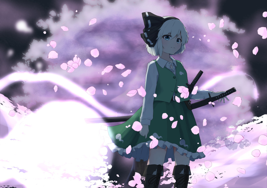 1girl absurdres backlighting belt belt_buckle black_hairband black_ribbon blue_eyes boots brown_belt brown_boots buckle buttons cherry_blossoms closed_mouth collared_shirt commentary_request cowboy_shot dress_shirt expressionless eyes_visible_through_hair falling_petals flower fog frilled_skirt frills glowing green_skirt green_vest hair_between_eyes hair_ribbon hairband highres hitodama hitodama_print katana knee_boots konpaku_youmu konpaku_youmu_(ghost) lace-up_boots light_blush long_sleeves looking_at_viewer open_collar partially_unbuttoned petals pink_background pink_flower pink_rose pink_theme plant refuson_man ribbon rose saigyou_ayakashi scabbard sheath sheathed shirt short_hair skirt skirt_set solo split_mouth standing sword touhou tree vest weapon white_hair white_shirt wind
