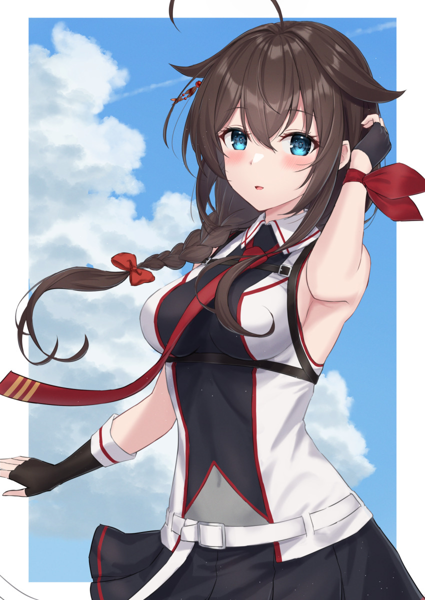 1girl absurdres ahoge bad_anatomy bad_arm belt black_gloves black_skirt blue_eyes blush braid breasts brown_hair chest_harness fingerless_gloves gloves hair_between_eyes hair_flaps harness highres kantai_collection long_hair medium_breasts monoku open_mouth pleated_skirt shigure_(kancolle) shigure_kai_san_(kancolle) single_braid skirt sky solo upper_body white_belt