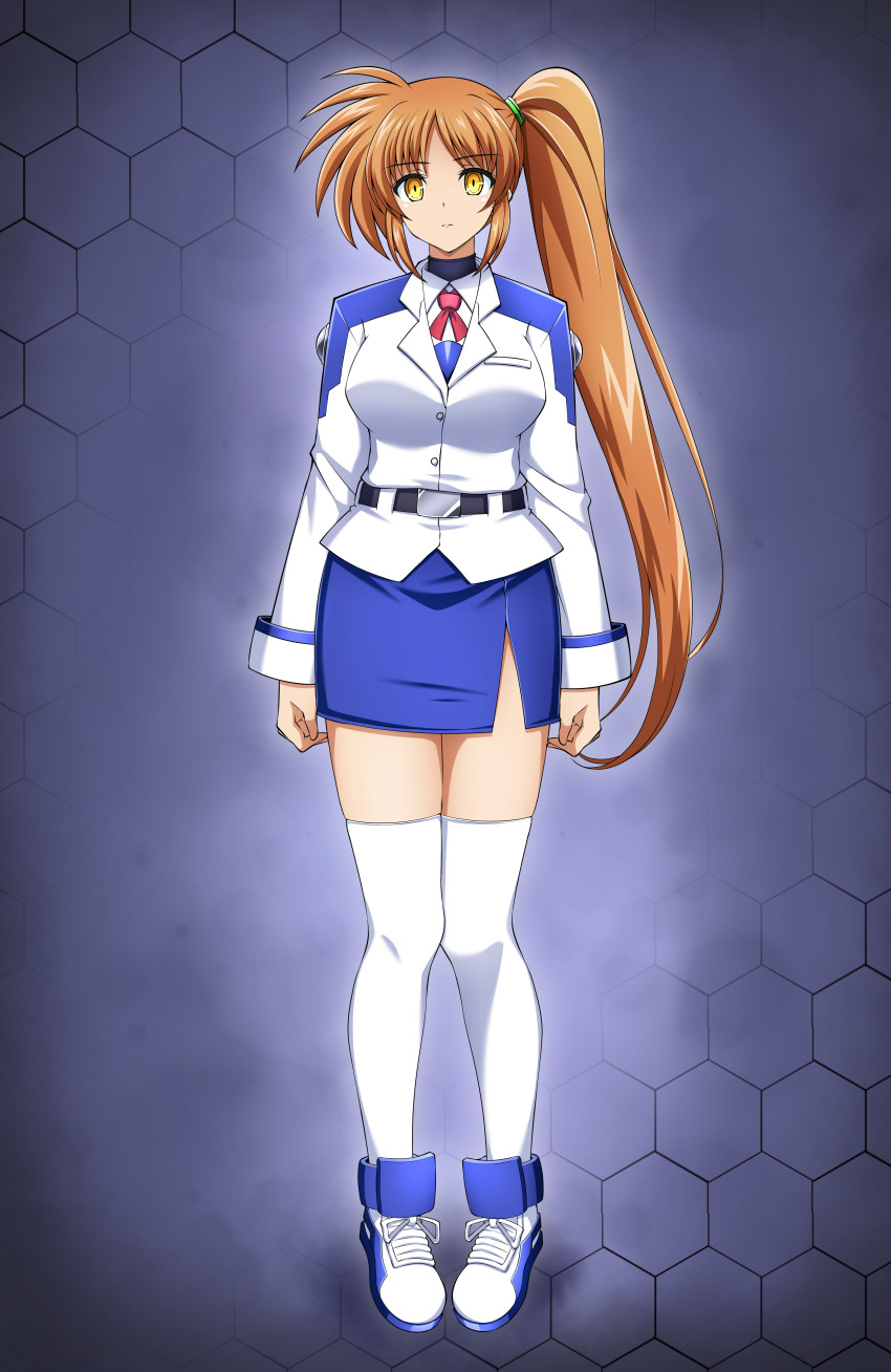 1girl absurdres alternate_eye_color belt breasts brown_hair buckle commission corruption dark_persona full_body highres hypnosis large_breasts long_hair long_sleeves looking_at_viewer lyrical_nanoha mahou_shoujo_lyrical_nanoha mahou_shoujo_lyrical_nanoha_strikers mind_control numbers_(nanoha) oshimaru026 pencil_skirt pixiv_commission red_ribbon ribbon shoes side_ponytail skirt solo takamachi_nanoha thighhighs tsab_air_military_uniform very_long_hair yellow_eyes