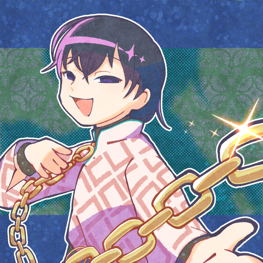 1boy black_eyes black_hair chain chain_leash charisma_house glint hair_between_eyes highres leash long_sleeves looking_at_viewer male_focus motohashi_iori open_mouth outline short_hair solo upper_body white_outline yuzuhamaru