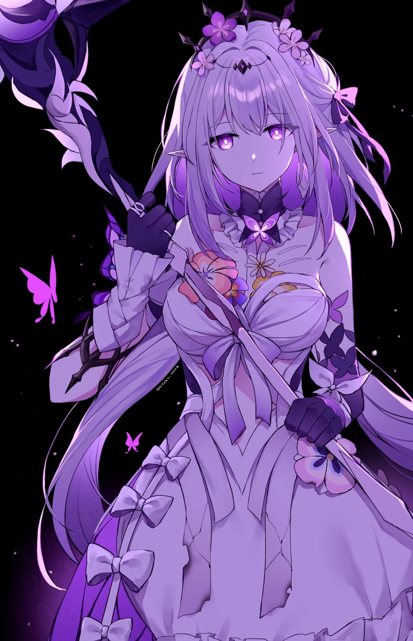 1girl absurdres bare_shoulders black_background breasts bug butterfly castorice_(honkai:_star_rail) closed_mouth commentary_request dress flower_ornament head_wreath highres holding holding_scythe honkai:_star_rail honkai_(series) insect long_hair medium_breasts nirako_mona pointy_ears purple_eyes purple_hair purple_hands scythe solo white_dress