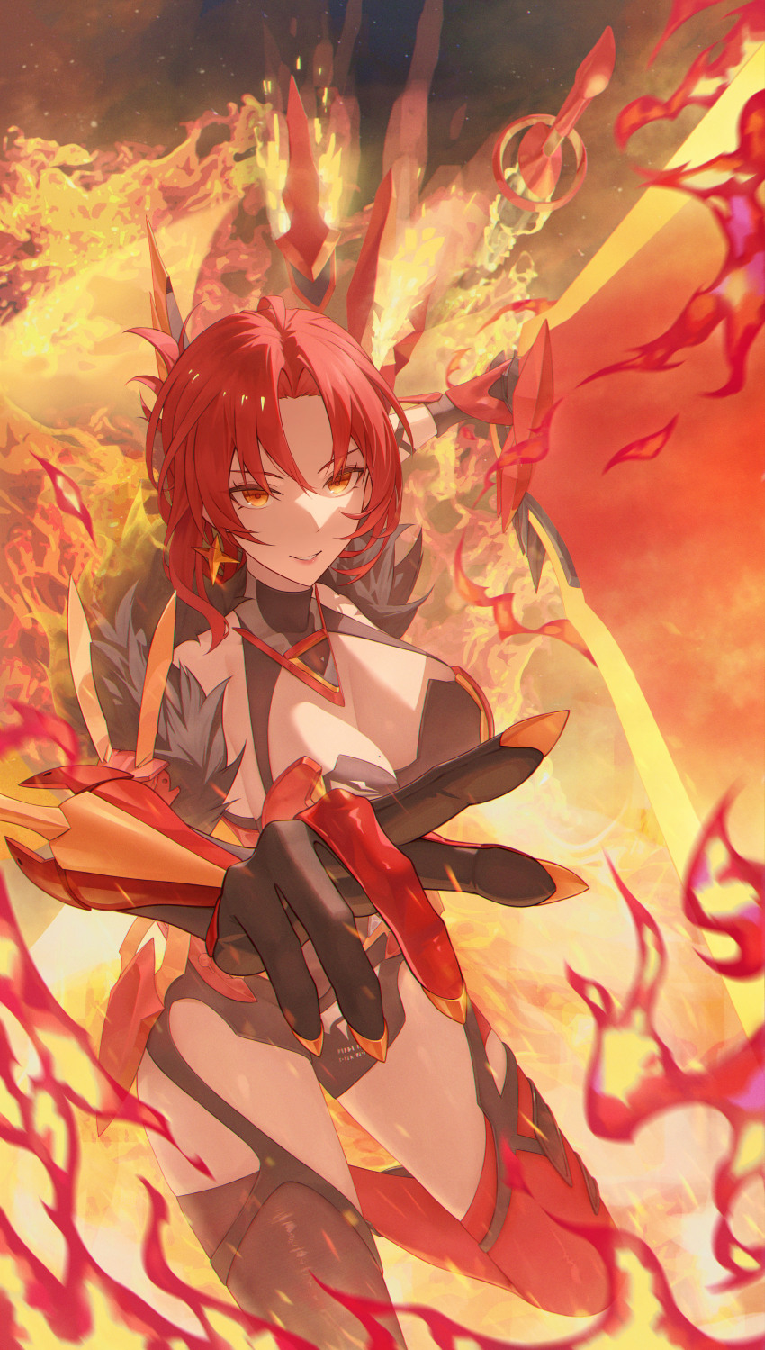 1girl absurdres asymmetrical_legwear breasts commentary earrings fire fur_trim gauntlets highres holding holding_sword holding_weapon honkai_(series) honkai_impact_3rd jewelry large_breasts looking_at_viewer murata_himeko murata_himeko_(vermillion_knight) official_alternate_costume orange_eyes parted_lips red_hair revision short_hair smile solo sword thighs toroe02 weapon