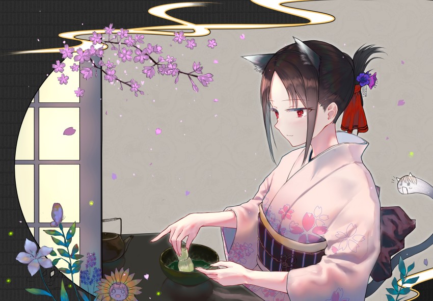 1girl absurdres animal_ear_fluff animal_ears black_hair bowl cat_ears chasen cherry_blossoms commentary_request fake_animal_ears falling_petals female_focus flower hair_ribbon highres japanese_clothes kaguya-sama_wa_kokurasetai_~tensai-tachi_no_renai_zunousen~ kayakooooo kimono light_smile long_sleeves obi petals red_eyes ribbon sash shinomiya_kaguya short_hair sidelocks solo tea tea_ceremony tea_set teapot whisk wide_sleeves